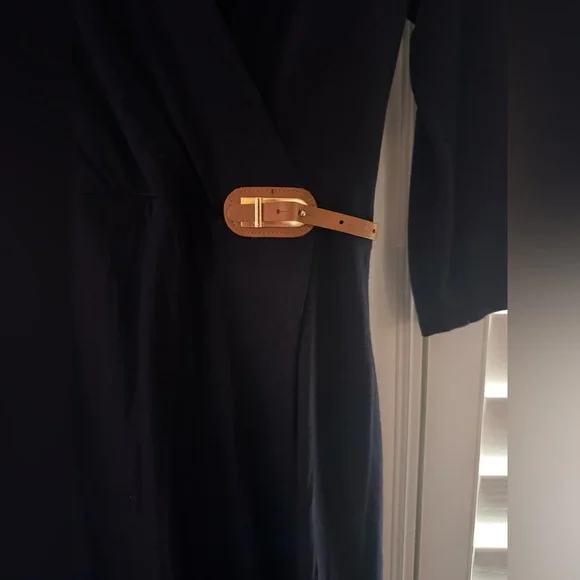 Elegant Navy Blue Dress with Tan Leather Belt Size XS - Picture 3 of 5